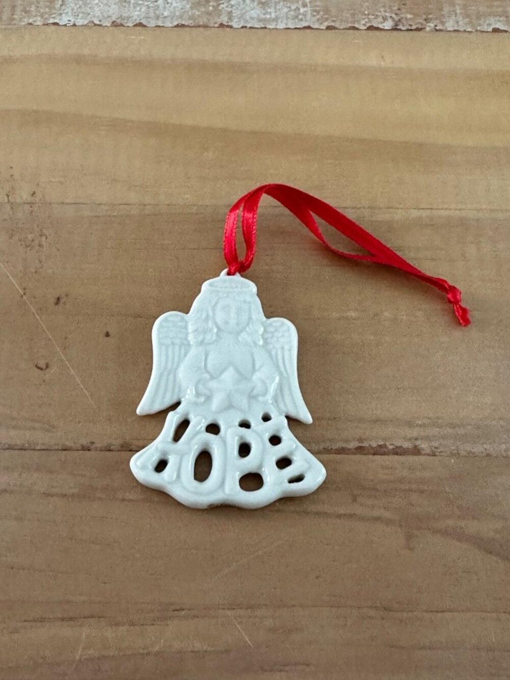 Lenox Hope White Porcelain Angel Christmas Ornament On Red String H: 2.25”